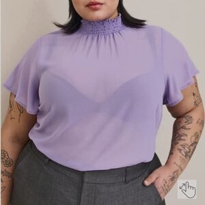 Chiffon Mock Neck Flutter Sleeve Top